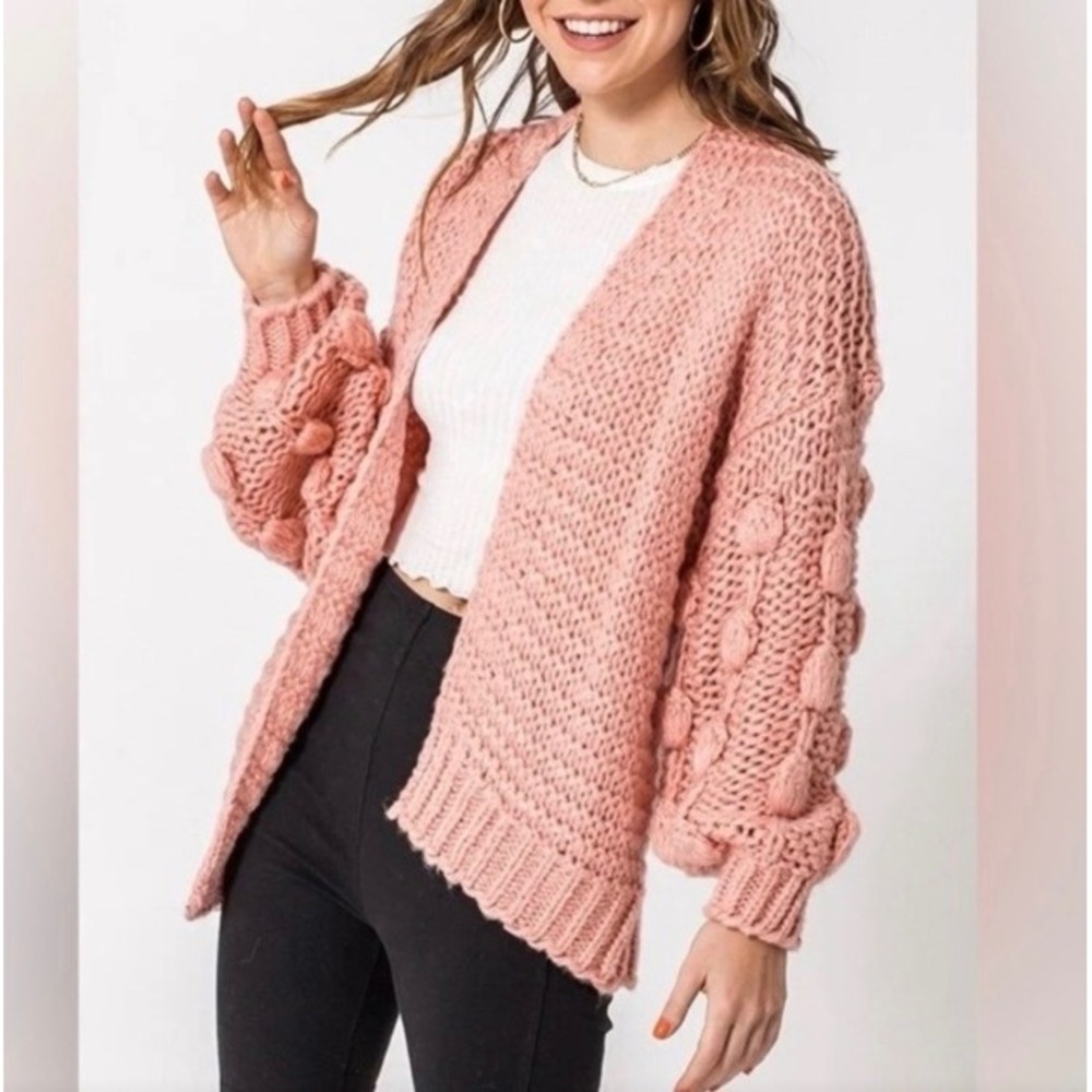 Favlux Fashion Pink Chunky Knit Pom Pom Bobble Sleeve Cardigan FL19H256 Small